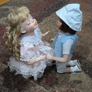 Porcelain Doll Pair - Pink and Blue Kissing Dolls